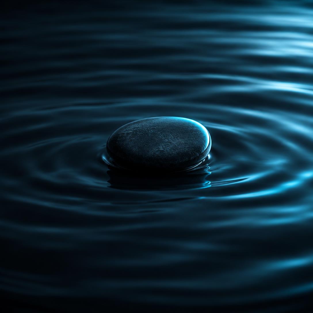 A single smooth stone resting on dark rippled water